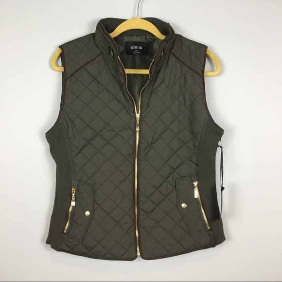 Active USA Jackets & Coats Quilted Vest Olive Nwt Knit Side Panels